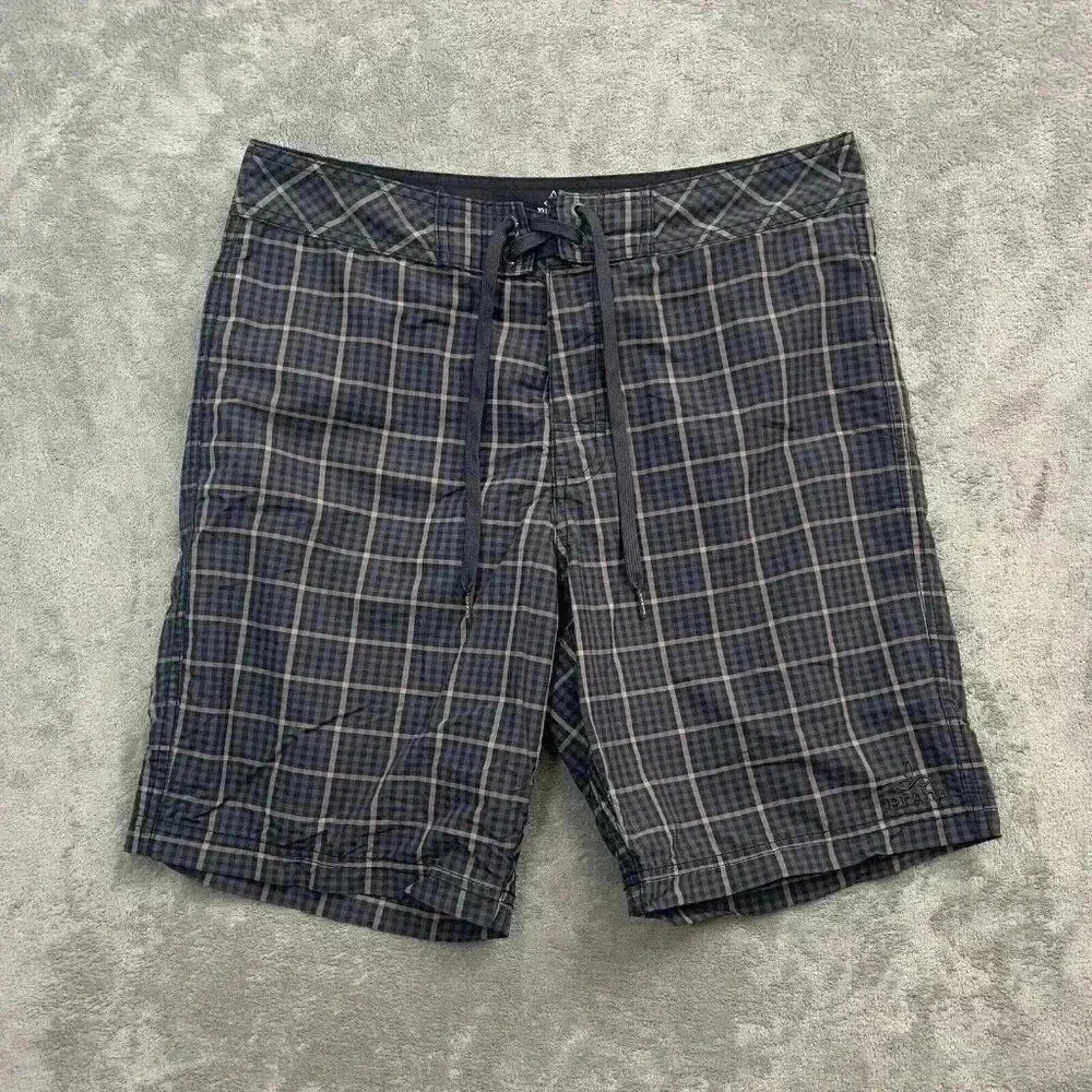 Prana Shorts Men's Size 30 El Porto Swim Trunks Grey Plaid UPF 50 Board Shorts